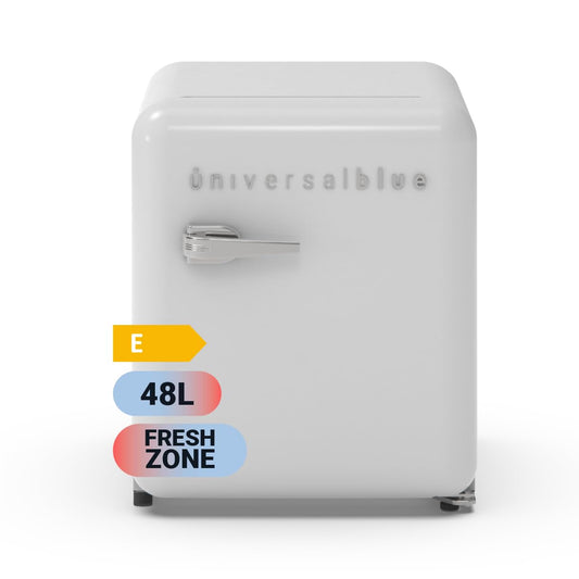 UNIVERSALBLUE Minibar Retro 48L con Congelador Integrado, Silencioso y de Bajo Consumo – Frigorífico Compacto Bajo Encimera con Control Mecánico, Color Blanco Vintage