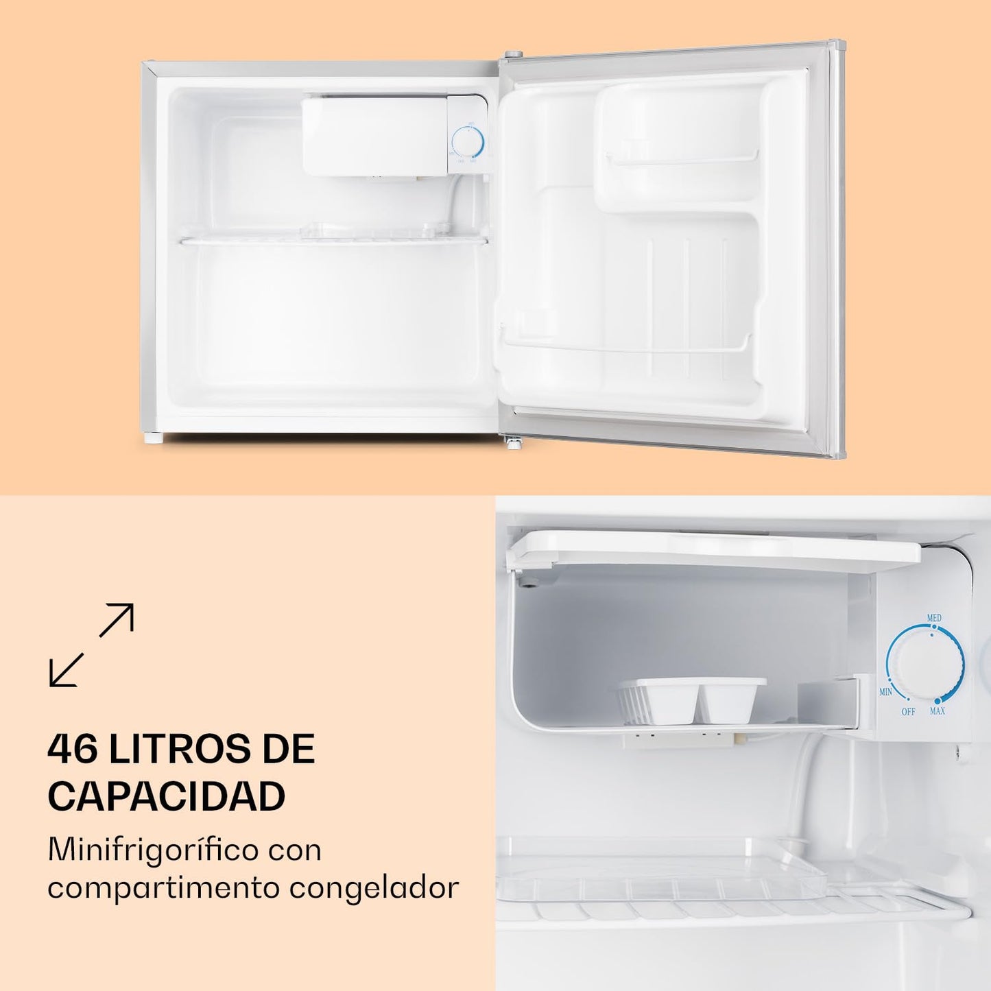 Klarstein Mini Bar 46L – Mini Nevera Silenciosa con Botellero, Estante y Compartimento de Puerta, Ajuste de Temperatura, Color Plata