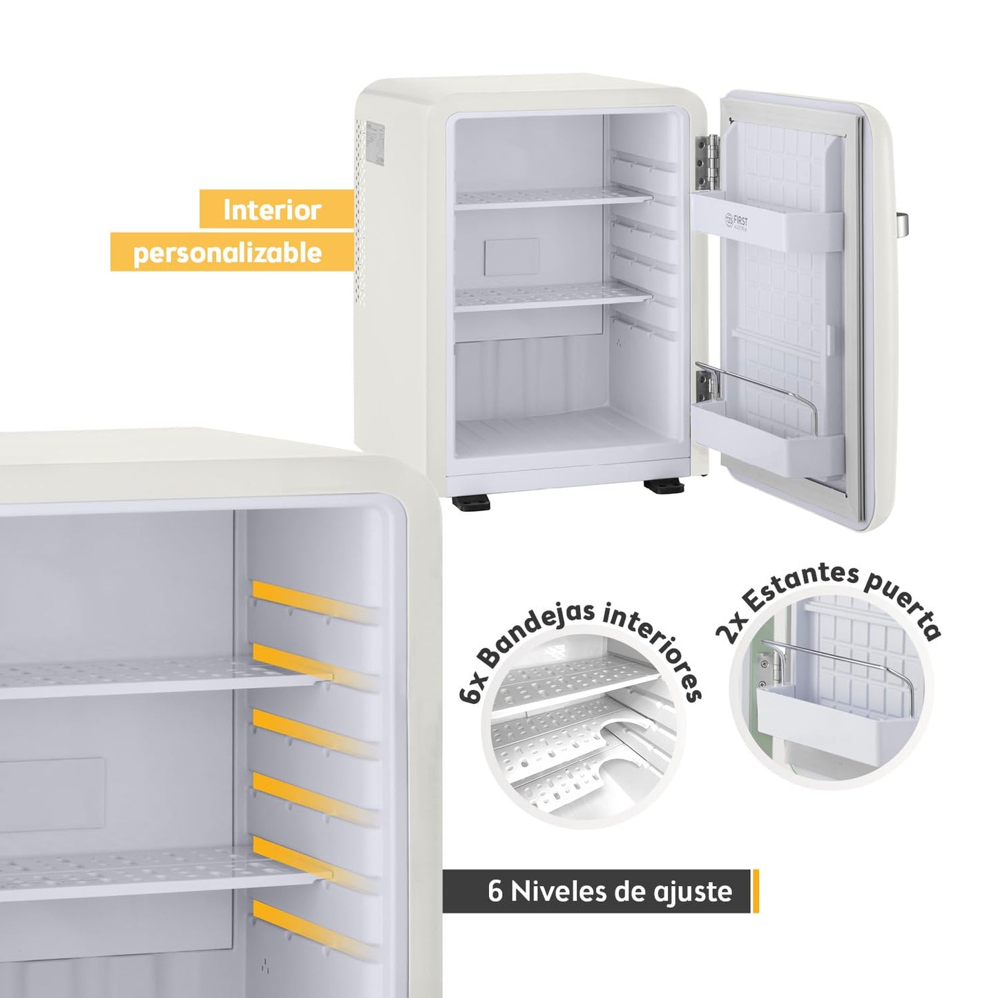 TZS First Austria Mini Nevera Retro 40L, Silenciosa, Control de Temperatura, Iluminación LED, 6 Estantes Flexibles, 2 Compartimentos Puerta, Color Crema