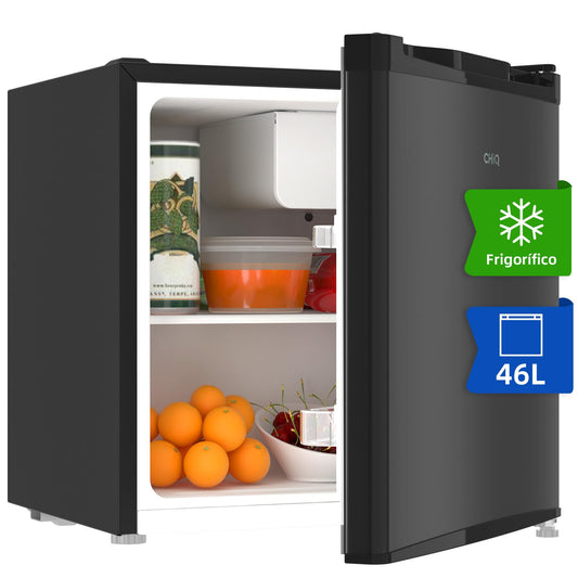 CHiQ Minibar 46L con Compresor, Botellero, Congelador Integrado, Termostato Regulable, Bajo Ruido, Puerta Reversible – Mini Nevera Compacta para Hogar, Oficina o Hotel – Color Negro