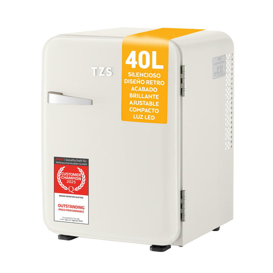 TZS First Austria Mini Nevera Retro 40L, Silenciosa, Control de Temperatura, Iluminación LED, 6 Estantes Flexibles, 2 Compartimentos Puerta, Color Crema