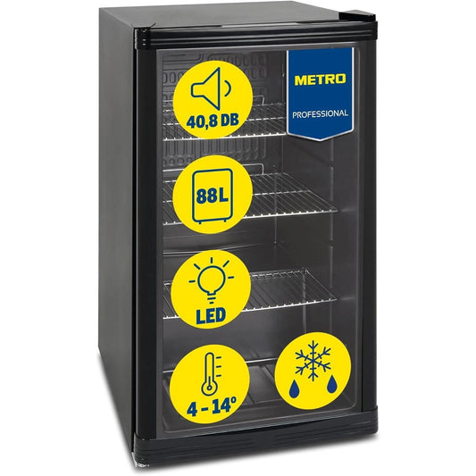 METRO Professional GPC 1088 - Mini Frigorífico de 88 L con Puerta de Cristal, Estante Ajustable, Bajo Consumo 1.052 kWh/24h, Negro – Ideal para Hostelería y Comercio