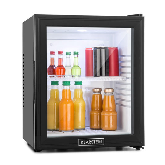 KLARSTEIN Nevera Pequeña Silenciosa, Mini Neveras para Habitación, Bajo Consumo, Puerta de Cristal, Frigoríficos Pequeños Temperatura 12 to 18 °C, Neveras Pequeñas de 30L, Minibar 1 Estante, Negro
