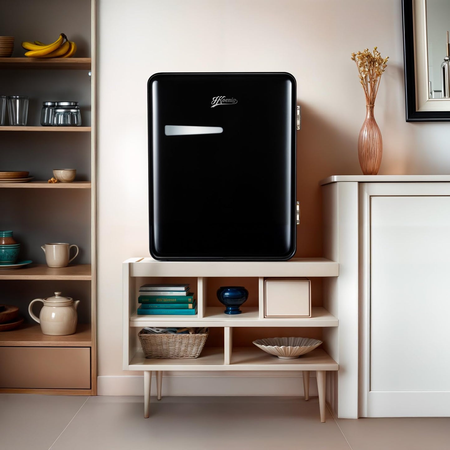 H.Koenig TOAD9 Mini Bar Vintage 31L - Mini Nevera Silenciosa para Bebidas, Alimentos y Cosméticos, Temperatura Regulable 6°-15°C, Diseño Retro, Bajo Consumo, 24 dB, Color Negro