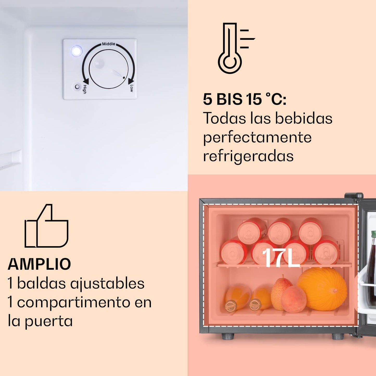 KLARSTEIN Mini Nevera Portátil 17L – Frigorífico Silencioso con 3 Niveles de Frío, Temperatura Regulable 0–15 °C, Ideal para Bebidas, Cosméticos, Oficina, Dormitorio o Caravana – Negro