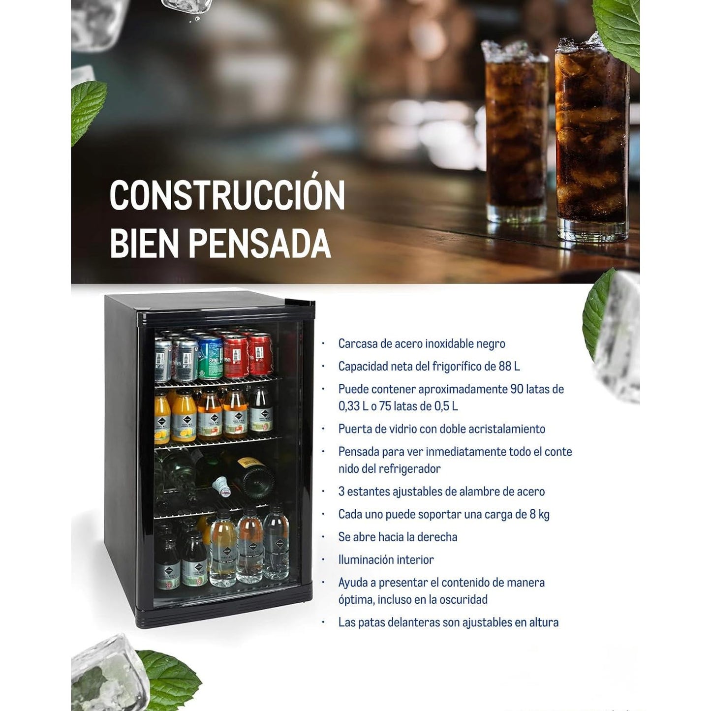 METRO Professional GPC 1088 - Mini Frigorífico de 88 L con Puerta de Cristal, Estante Ajustable, Bajo Consumo 1.052 kWh/24h, Negro – Ideal para Hostelería y Comercio