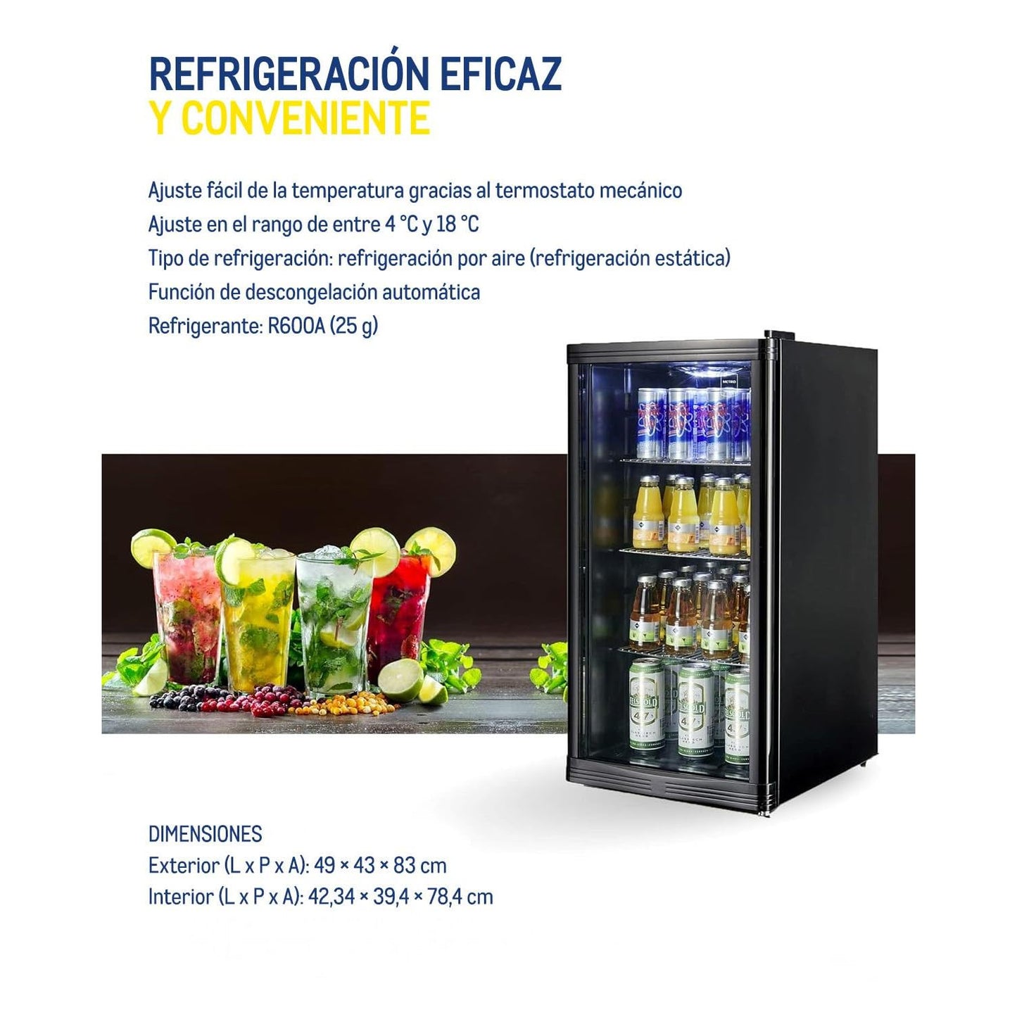 METRO Professional GPC 1088 - Mini Frigorífico de 88 L con Puerta de Cristal, Estante Ajustable, Bajo Consumo 1.052 kWh/24h, Negro – Ideal para Hostelería y Comercio