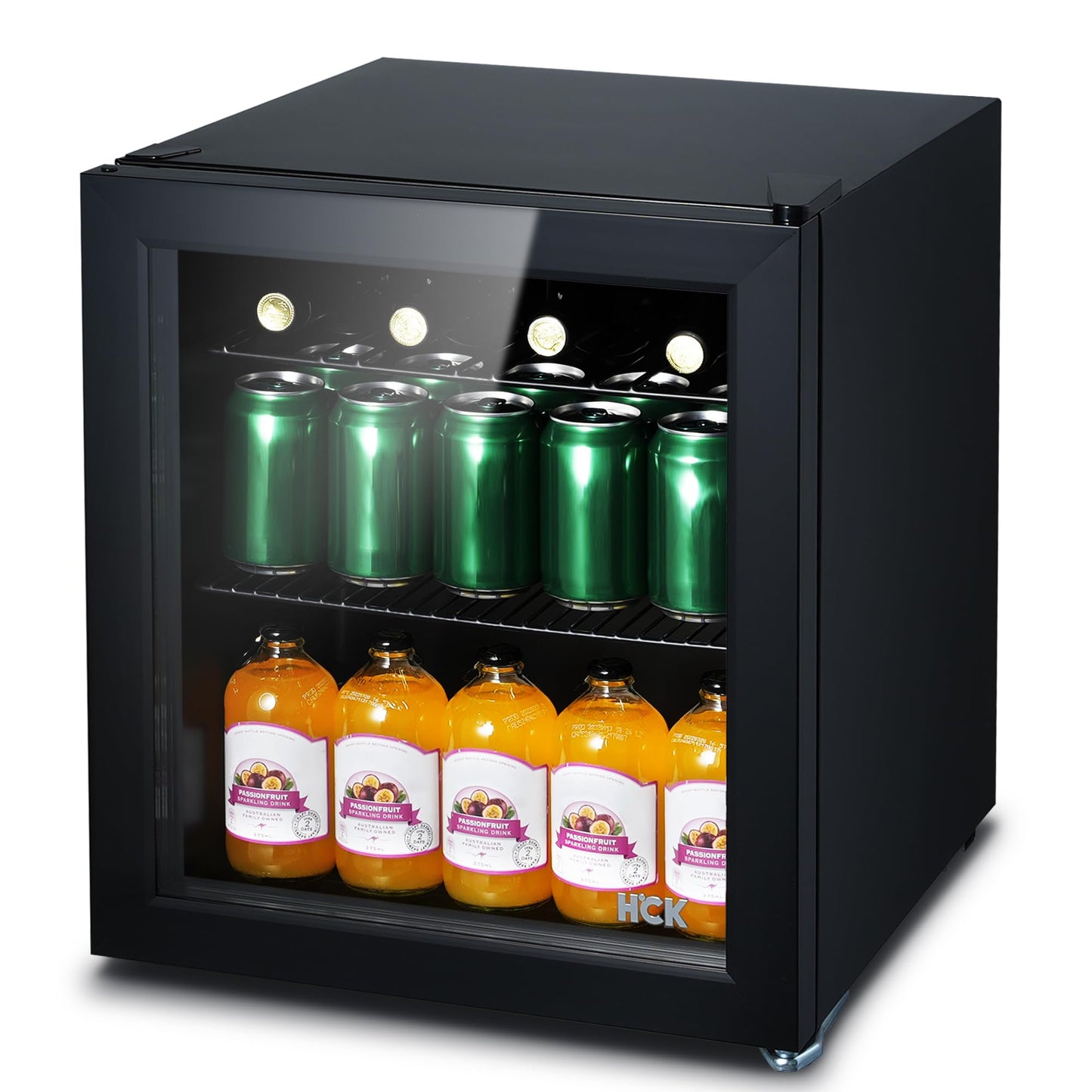 HCK Mini Nevera 42L con Puerta de Vidrio – Capacidad para 24 Latas, Temperatura Ajustable 0-15 °C, Bajo Consumo, Ideal para Oficina, Bar y Exteriores – Color Negro