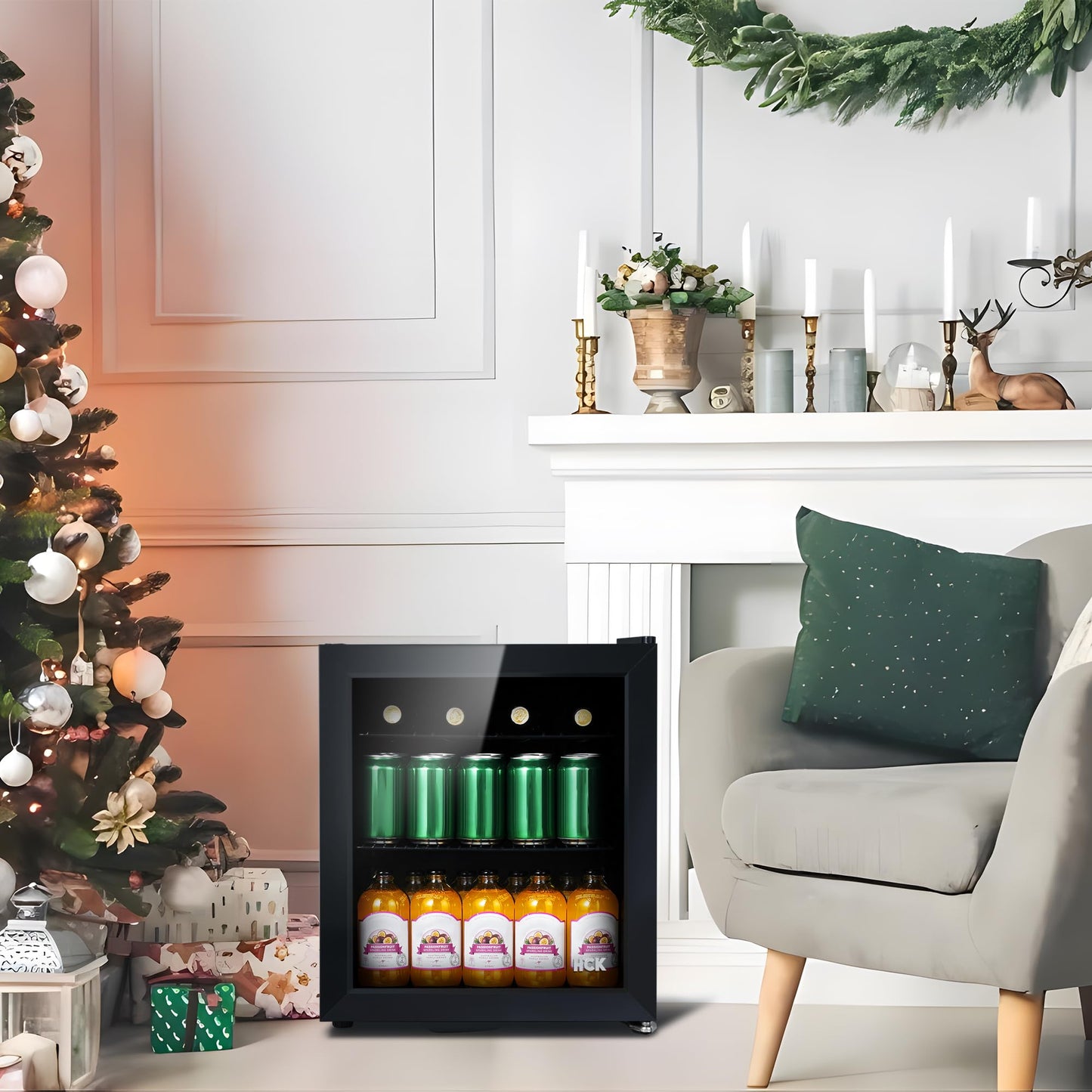 HCK Mini Nevera 42L con Puerta de Vidrio – Capacidad para 24 Latas, Temperatura Ajustable 0-15 °C, Bajo Consumo, Ideal para Oficina, Bar y Exteriores – Color Negro