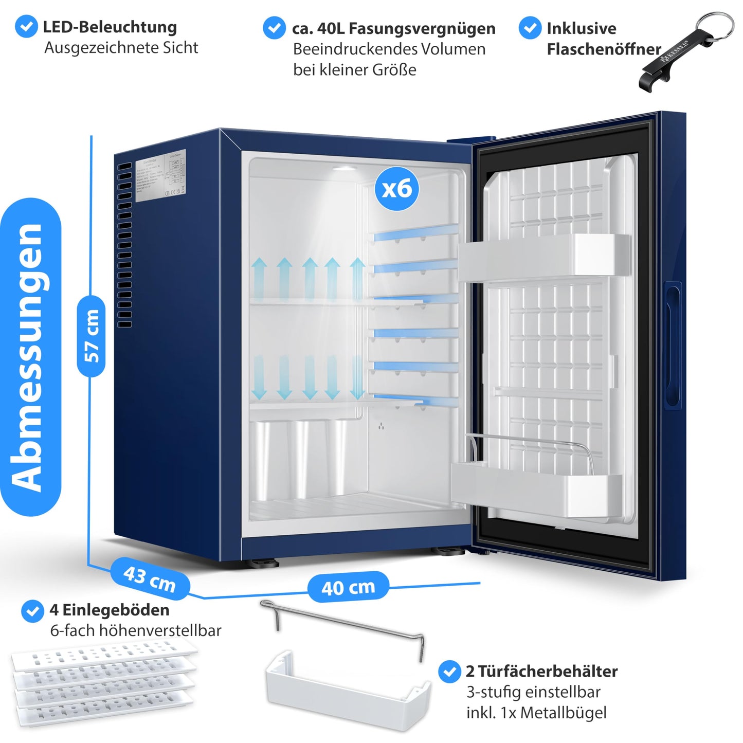 KESSER Mini Nevera 40L Azul Marino | Puerta de Cristal Reversible, Iluminación Interior, 6°-12°C, 22 dB, Altura 57 cm | Clase Energética F | Frigorífico Silencioso para Bebidas y Snacks