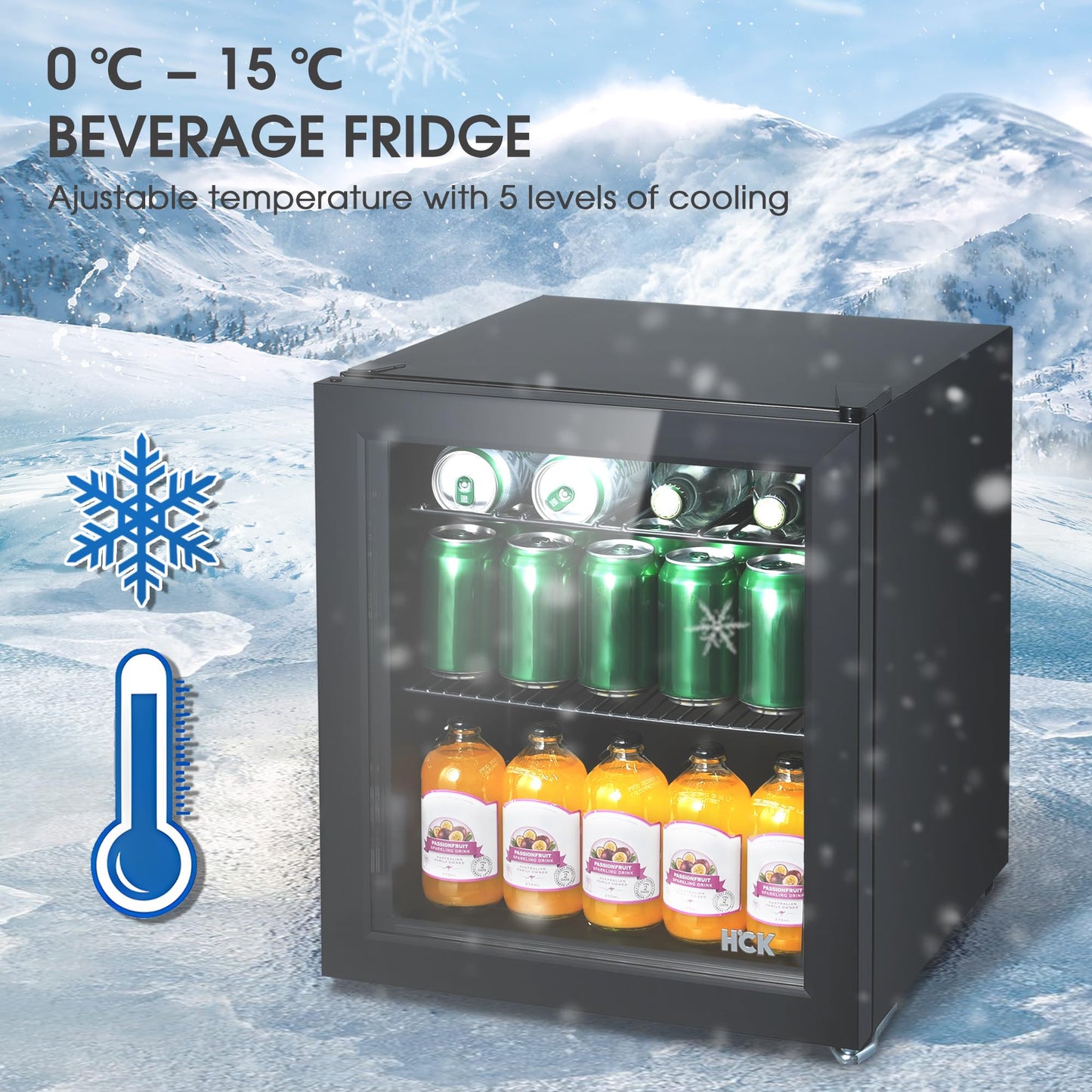 HCK Mini Nevera 42L con Puerta de Vidrio – Capacidad para 24 Latas, Temperatura Ajustable 0-15 °C, Bajo Consumo, Ideal para Oficina, Bar y Exteriores – Color Negro