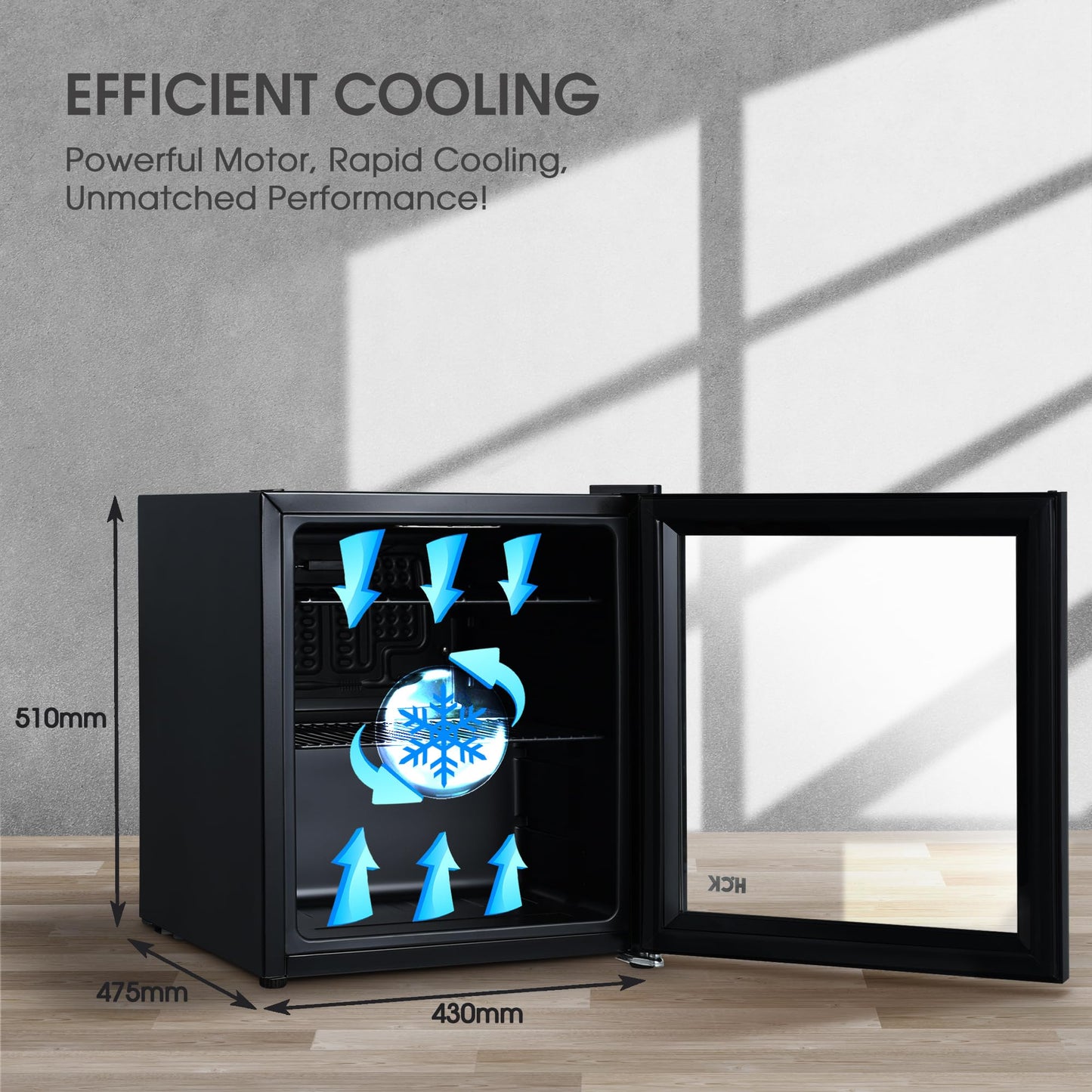 HCK Mini Nevera 42L con Puerta de Vidrio – Capacidad para 24 Latas, Temperatura Ajustable 0-15 °C, Bajo Consumo, Ideal para Oficina, Bar y Exteriores – Color Negro