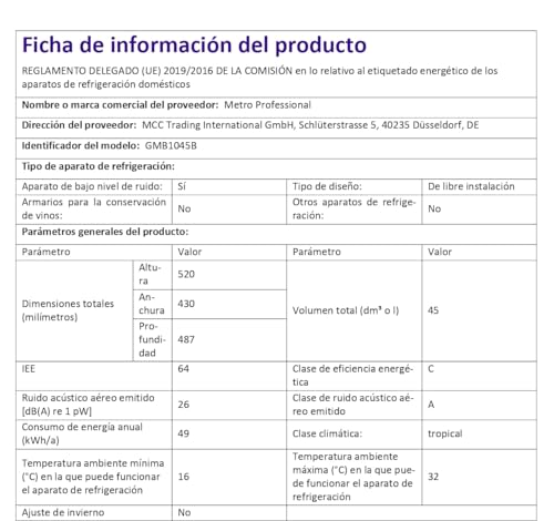 METRO Professional Minibar 45L – Frigorífico Compacto con 2 Estantes, Puerta Reversible, Bajo Consumo, Ideal para Oficina, Dormitorio u Hotel, 43x48x52.2 cm, Negro