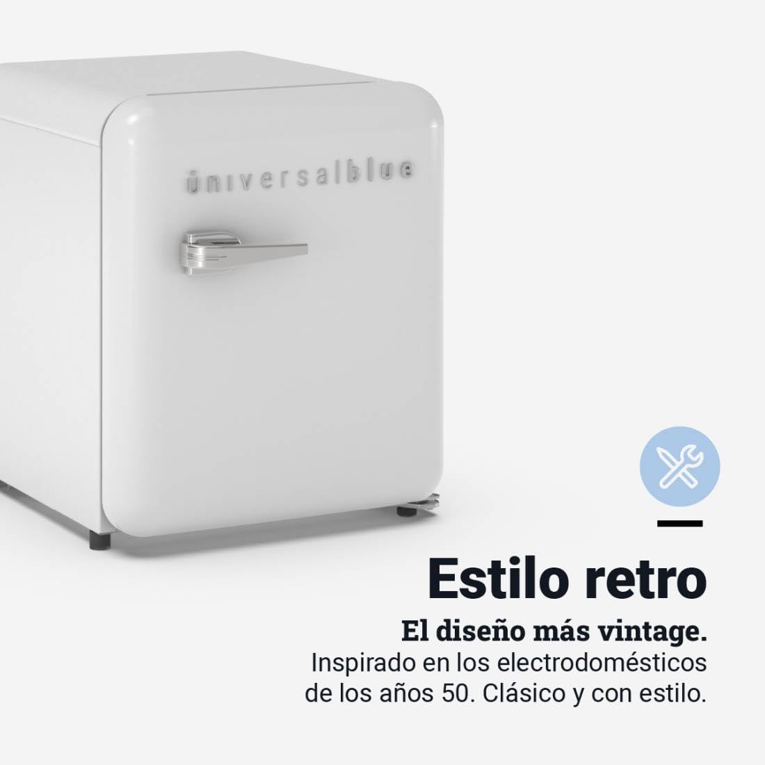 UNIVERSALBLUE Minibar Retro 48L con Congelador Integrado, Silencioso y de Bajo Consumo – Frigorífico Compacto Bajo Encimera con Control Mecánico, Color Blanco Vintage