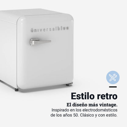 UNIVERSALBLUE Minibar Retro 48L con Congelador Integrado, Silencioso y de Bajo Consumo – Frigorífico Compacto Bajo Encimera con Control Mecánico, Color Blanco Vintage
