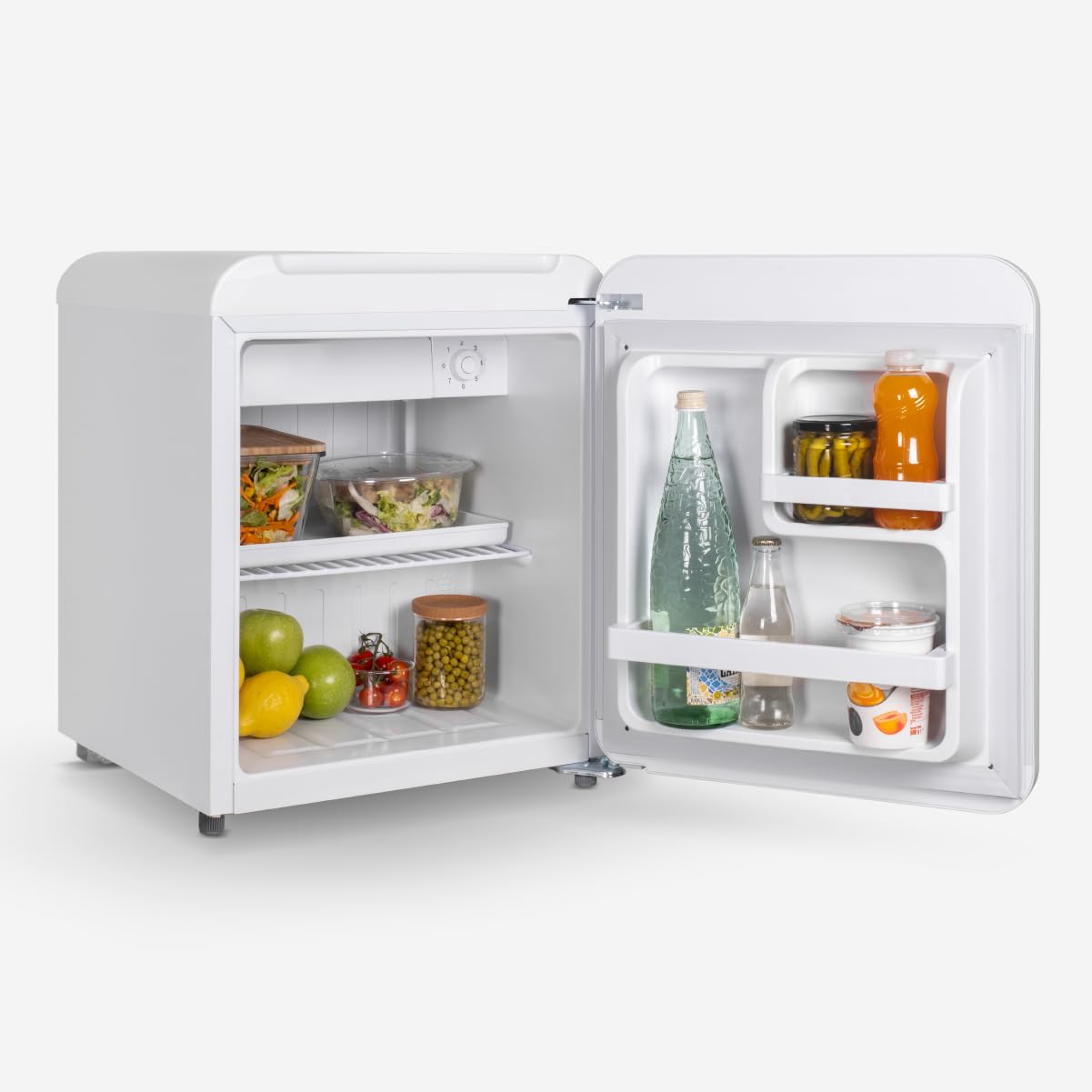 UNIVERSALBLUE Minibar Retro 48L con Congelador Integrado, Silencioso y de Bajo Consumo – Frigorífico Compacto Bajo Encimera con Control Mecánico, Color Blanco Vintage
