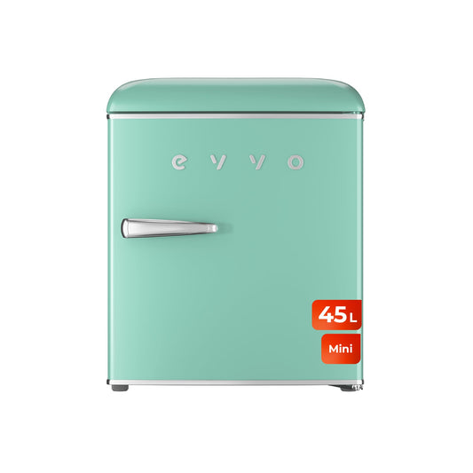 EVVO Mini Nevera Retro 45L – Frigorífico Compacto Vintage en Verde Pastel, Bajo Consumo, Silenciosa, Termostato Ajustable y Organización Eficiente de Espacio