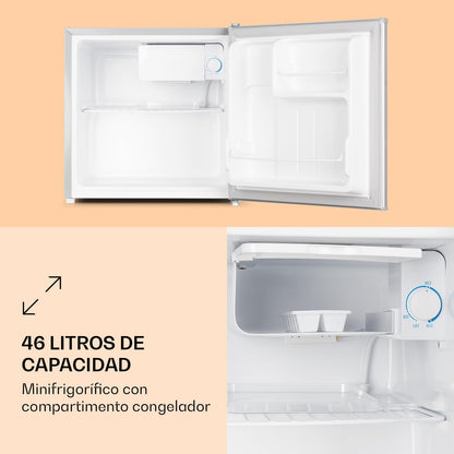 Klarstein Mini Bar 46L – Mini Nevera Silenciosa con Botellero, Estante y Compartimento de Puerta, Ajuste de Temperatura, Color Plata