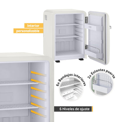 TZS First Austria Mini Nevera Retro 40L, Silenciosa, Control de Temperatura, Iluminación LED, 6 Estantes Flexibles, 2 Compartimentos Puerta, Color Crema