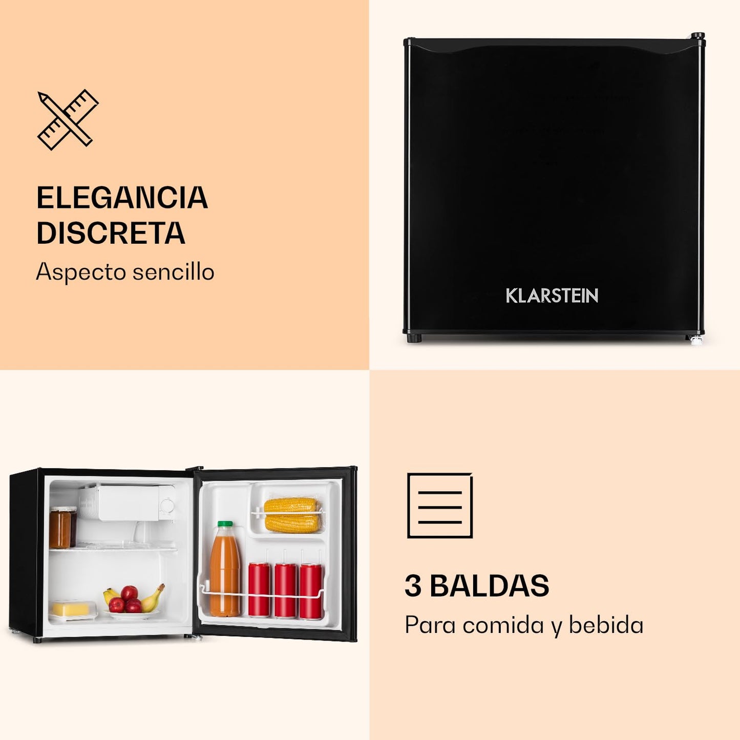 Klarstein Mini Nevera Portátil 46L – Silenciosa, 0-10°C, con Bandeja para Hielos, Ideal para Habitación, Oficina, Caravana, Minibar para Bebidas y Cosméticos