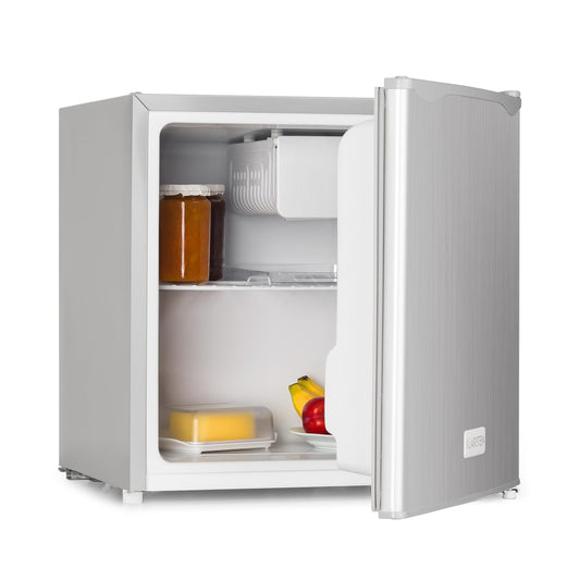 Klarstein Mini Bar 46L – Mini Nevera Silenciosa con Botellero, Estante y Compartimento de Puerta, Ajuste de Temperatura, Color Plata