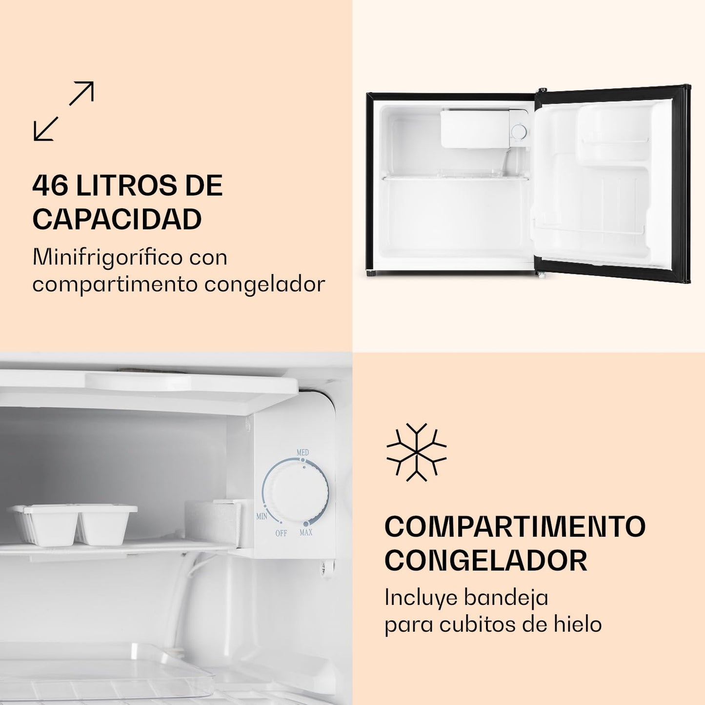 Klarstein Mini Nevera Portátil 46L – Silenciosa, 0-10°C, con Bandeja para Hielos, Ideal para Habitación, Oficina, Caravana, Minibar para Bebidas y Cosméticos