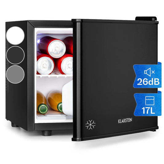 KLARSTEIN Mini Nevera Portátil 17L – Frigorífico Silencioso con 3 Niveles de Frío, Temperatura Regulable 0–15 °C, Ideal para Bebidas, Cosméticos, Oficina, Dormitorio o Caravana – Negro