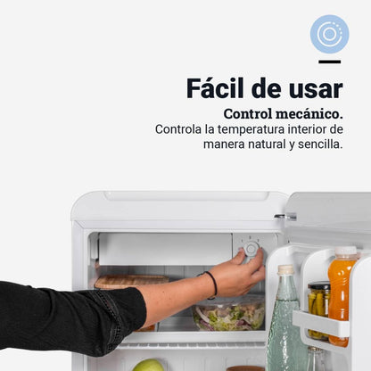UNIVERSALBLUE Minibar Retro 48L con Congelador Integrado, Silencioso y de Bajo Consumo – Frigorífico Compacto Bajo Encimera con Control Mecánico, Color Blanco Vintage
