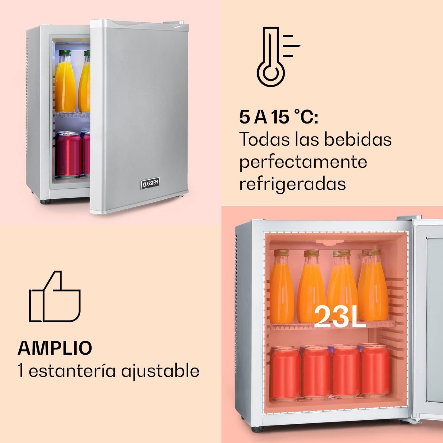KLARSTEIN Mini Nevera 23L – Frigorífico Compacto para Bebidas, Comida y Cosméticos, Estantes Ajustables, Bajo Consumo, Silencioso, Ideal para Hogar y Oficina