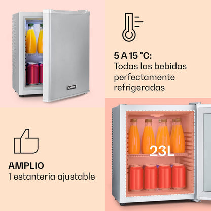 KLARSTEIN Mini Nevera 23L – Frigorífico Compacto para Bebidas, Comida y Cosméticos, Estantes Ajustables, Bajo Consumo, Silencioso, Ideal para Hogar y Oficina