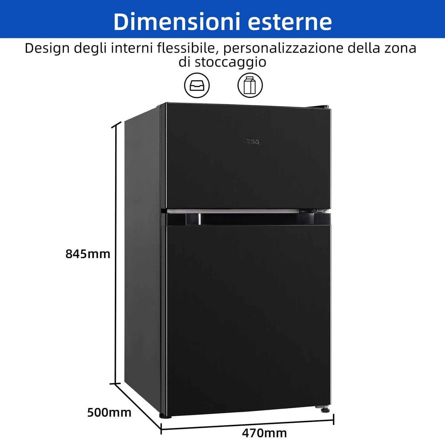 CHiQ Frigorífico Bajo Encimera 86L (65L Frigorífico + 21L Congelador), Termostato Ajustable, Bajo Consumo, Funcionamiento Silencioso, Ideal para Cocina o Dormitorio, Color Negro, Modelo 2024