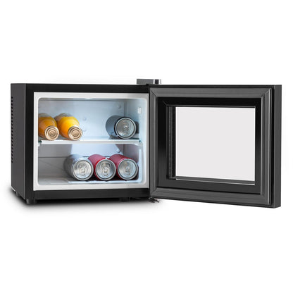 KLARSTEIN Frosty Mini Nevera 10L – Frigorífico de Bebidas Silencioso, Puerta de Cristal Doble Aislamiento, Estantes Extraíbles, Bajo Consumo, Clase B, Negro