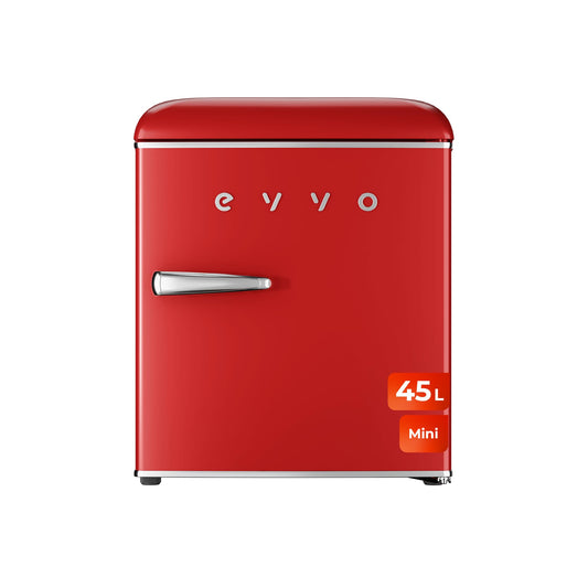 EVVO Mini Nevera Retro F20 – 45L, Diseño Vintage en Rojo, Bajo Consumo, Silenciosa, Control de Temperatura, Refrigerador Compacto con Organización Interna