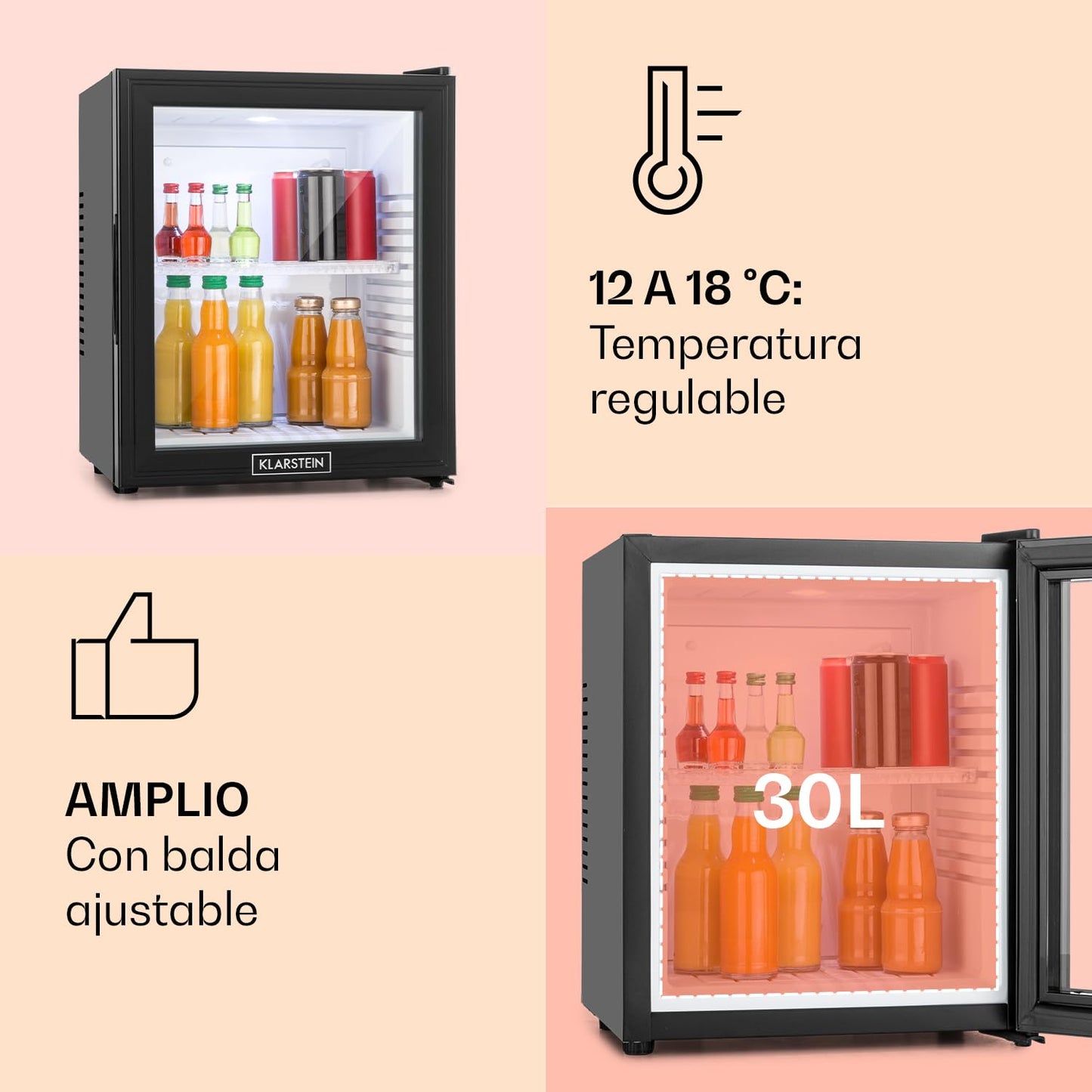 KLARSTEIN Nevera Pequeña Silenciosa, Mini Neveras para Habitación, Bajo Consumo, Puerta de Cristal, Frigoríficos Pequeños Temperatura 12 to 18 °C, Neveras Pequeñas de 30L, Minibar 1 Estante, Negro