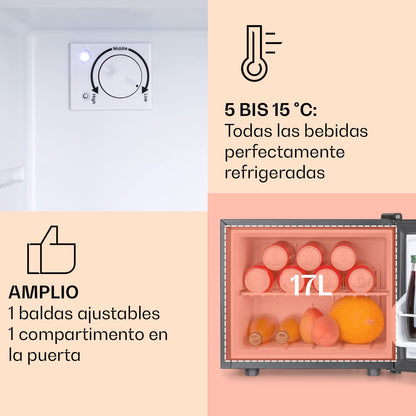 KLARSTEIN Mini Nevera Portátil 17L – Frigorífico Silencioso con 3 Niveles de Frío, Temperatura Regulable 0–15 °C, Ideal para Bebidas, Cosméticos, Oficina, Dormitorio o Caravana – Negro