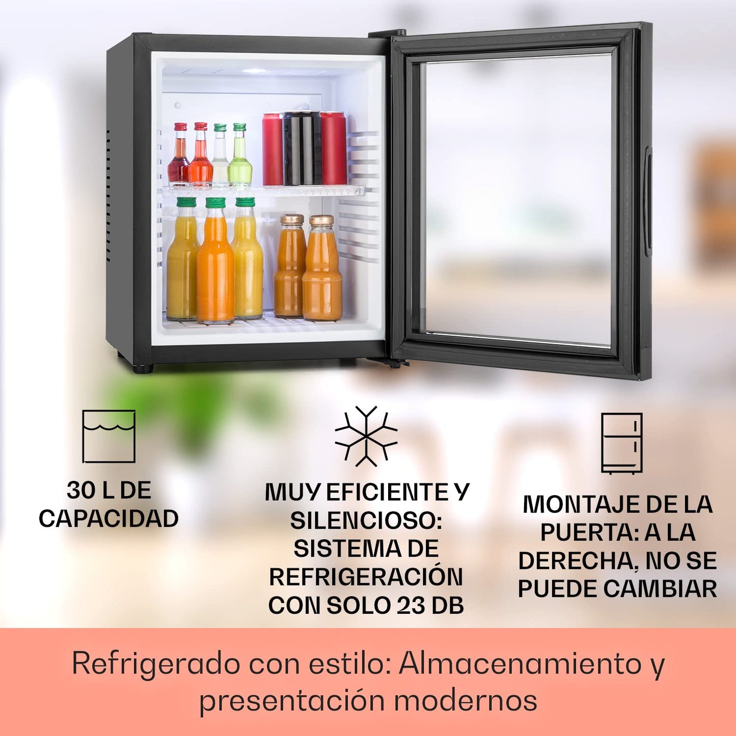 KLARSTEIN Nevera Pequeña Silenciosa, Mini Neveras para Habitación, Bajo Consumo, Puerta de Cristal, Frigoríficos Pequeños Temperatura 12 to 18 °C, Neveras Pequeñas de 30L, Minibar 1 Estante, Negro
