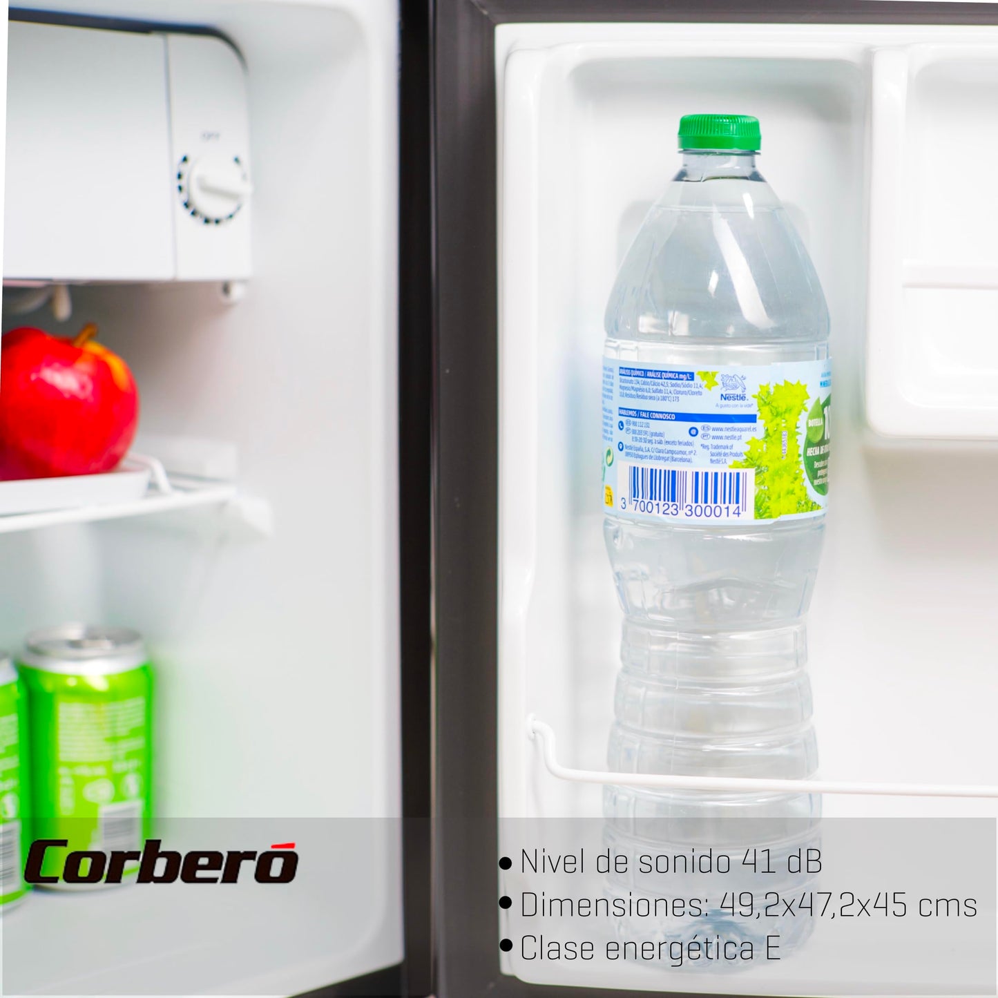 Corberó CFMMB44BL - Mini Bar 43L, Estático, Termostato 1-10 °C, Puerta Reversible, Bajo Consumo, Silencioso 41 dB, Clase E, Negro