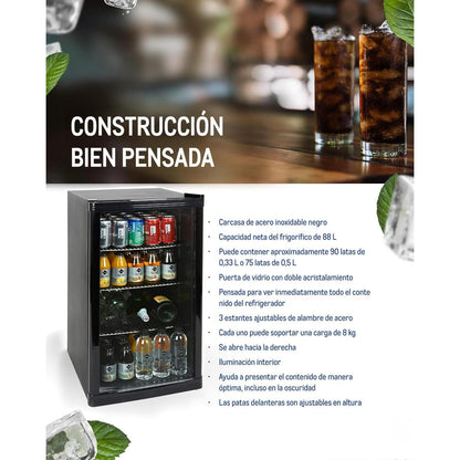 METRO Professional GPC 1088 - Mini Frigorífico de 88 L con Puerta de Cristal, Estante Ajustable, Bajo Consumo 1.052 kWh/24h, Negro – Ideal para Hostelería y Comercio