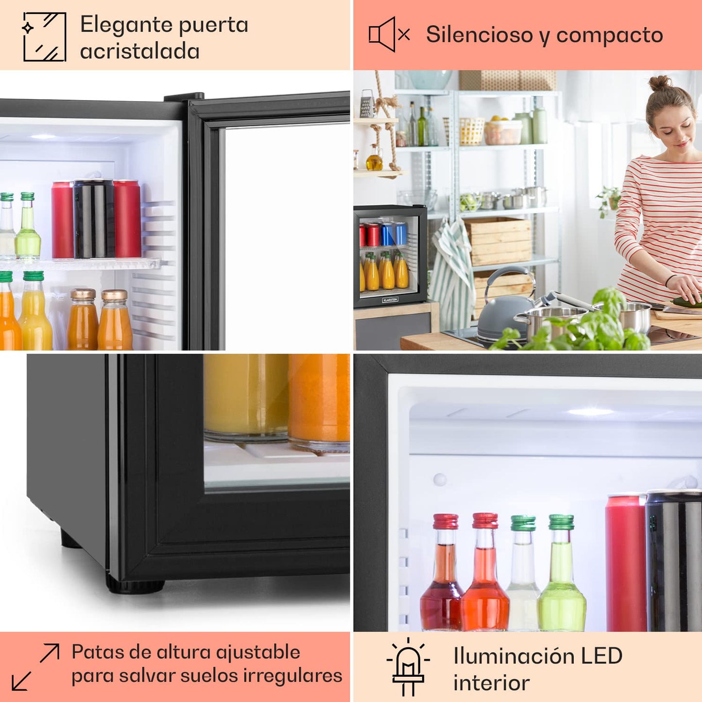 KLARSTEIN Nevera Pequeña Silenciosa, Mini Neveras para Habitación, Bajo Consumo, Puerta de Cristal, Frigoríficos Pequeños Temperatura 12 to 18 °C, Neveras Pequeñas de 30L, Minibar 1 Estante, Negro