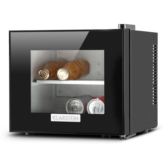 KLARSTEIN Frosty Mini Nevera 10L – Frigorífico de Bebidas Silencioso, Puerta de Cristal Doble Aislamiento, Estantes Extraíbles, Bajo Consumo, Clase B, Negro