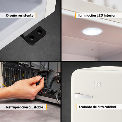 TZS First Austria Mini Nevera Retro 40L, Silenciosa, Control de Temperatura, Iluminación LED, 6 Estantes Flexibles, 2 Compartimentos Puerta, Color Crema