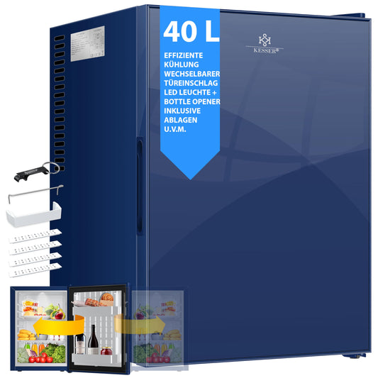 KESSER Mini Nevera 40L Azul Marino | Puerta de Cristal Reversible, Iluminación Interior, 6°-12°C, 22 dB, Altura 57 cm | Clase Energética F | Frigorífico Silencioso para Bebidas y Snacks