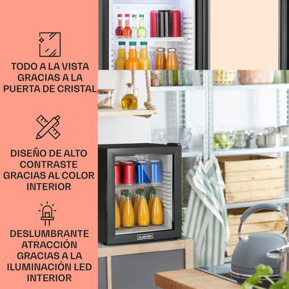 KLARSTEIN Nevera Pequeña Silenciosa, Mini Neveras para Habitación, Bajo Consumo, Puerta de Cristal, Frigoríficos Pequeños Temperatura 12 to 18 °C, Neveras Pequeñas de 30L, Minibar 1 Estante, Negro