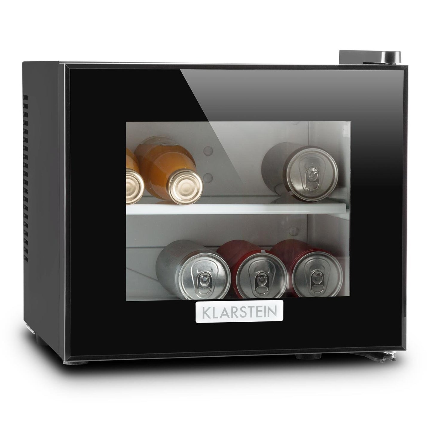 KLARSTEIN Frosty Mini Nevera 10L – Frigorífico de Bebidas Silencioso, Puerta de Cristal Doble Aislamiento, Estantes Extraíbles, Bajo Consumo, Clase B, Negro