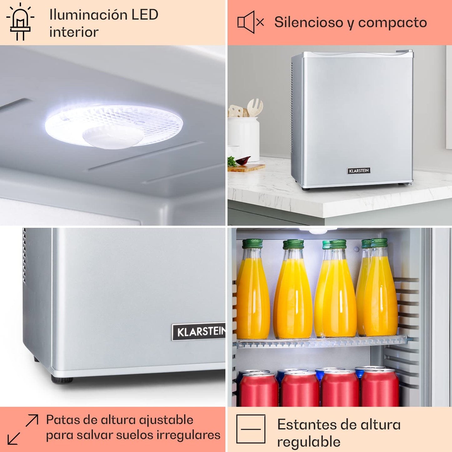 KLARSTEIN Mini Nevera 23L – Frigorífico Compacto para Bebidas, Comida y Cosméticos, Estantes Ajustables, Bajo Consumo, Silencioso, Ideal para Hogar y Oficina