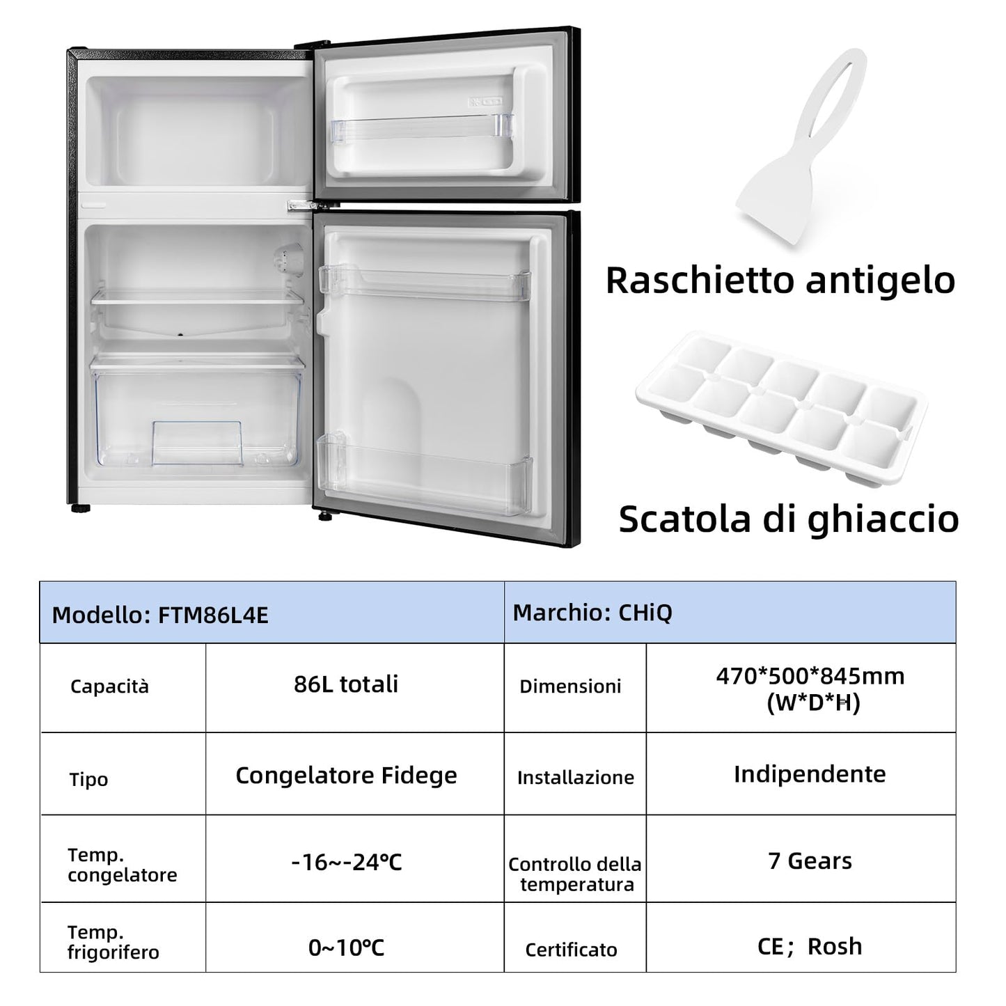 CHiQ Frigorífico Bajo Encimera 86L (65L Frigorífico + 21L Congelador), Termostato Ajustable, Bajo Consumo, Funcionamiento Silencioso, Ideal para Cocina o Dormitorio, Color Negro, Modelo 2024