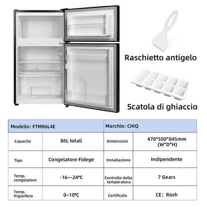 CHiQ Frigorífico Bajo Encimera 86L (65L Frigorífico + 21L Congelador), Termostato Ajustable, Bajo Consumo, Funcionamiento Silencioso, Ideal para Cocina o Dormitorio, Color Negro, Modelo 2024