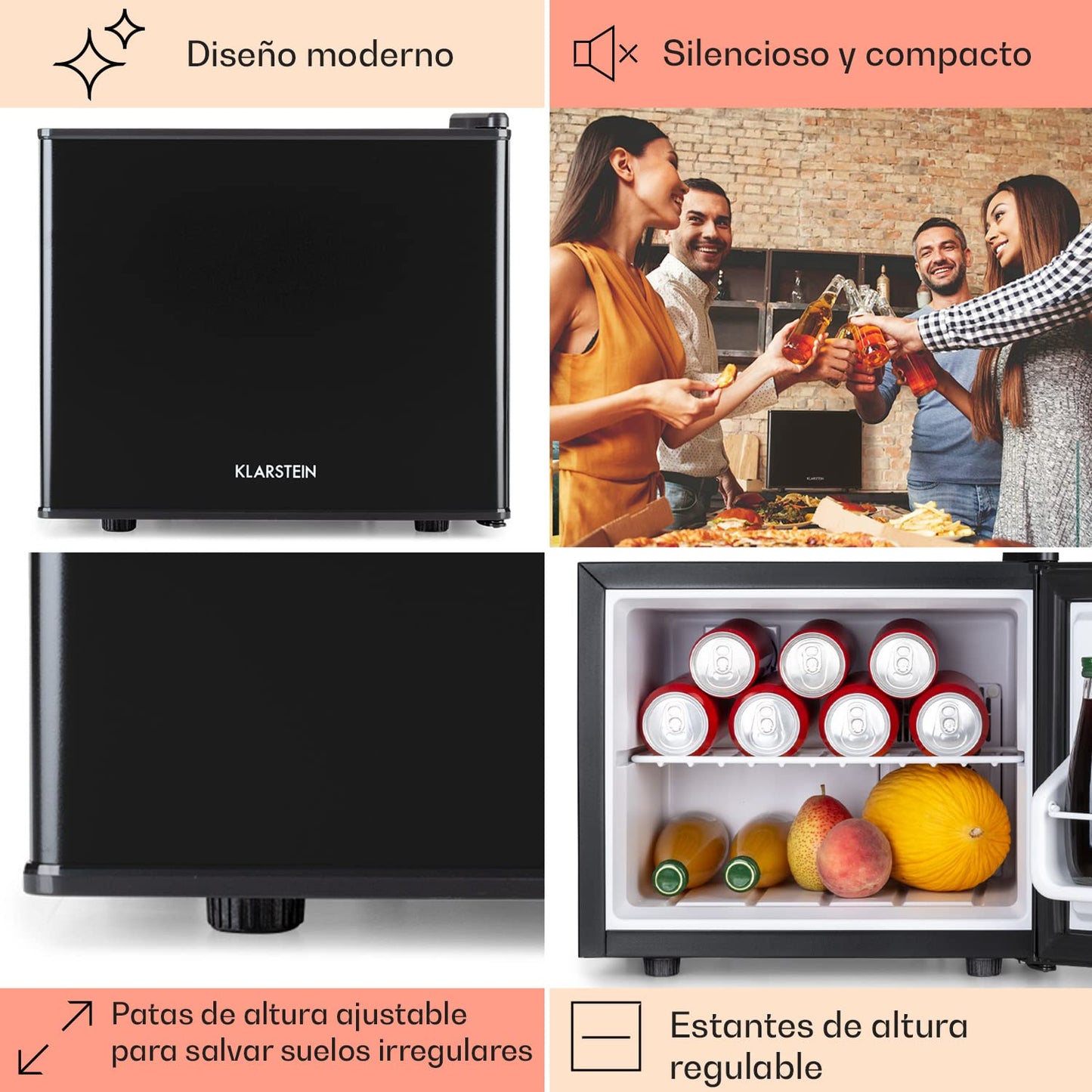 KLARSTEIN Mini Nevera Portátil 17L – Frigorífico Silencioso con 3 Niveles de Frío, Temperatura Regulable 0–15 °C, Ideal para Bebidas, Cosméticos, Oficina, Dormitorio o Caravana – Negro