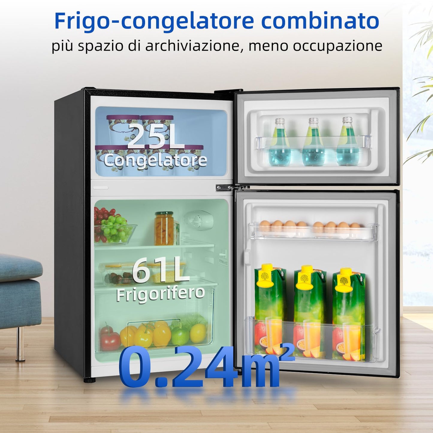 CHiQ Frigorífico Bajo Encimera 86L (65L Frigorífico + 21L Congelador), Termostato Ajustable, Bajo Consumo, Funcionamiento Silencioso, Ideal para Cocina o Dormitorio, Color Negro, Modelo 2024