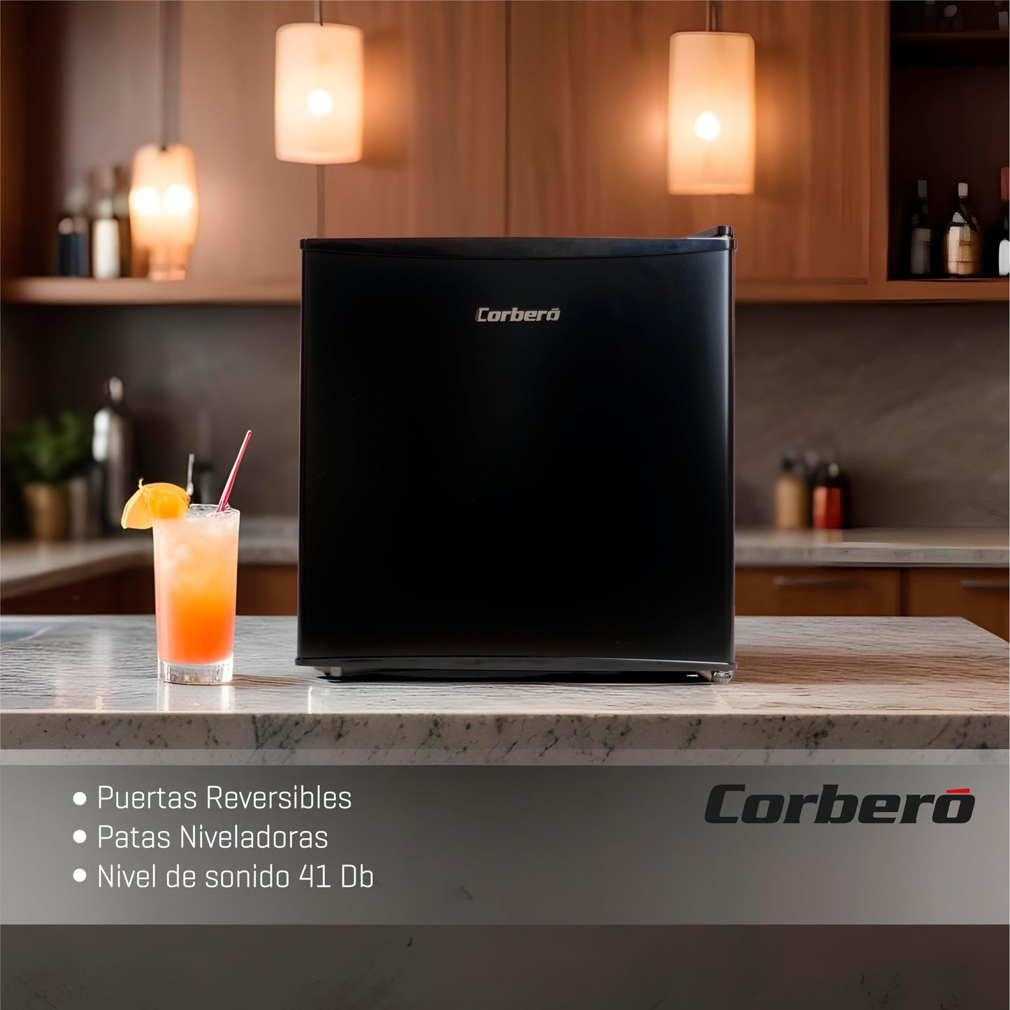 Corberó CFMMB44BL - Mini Bar 43L, Estático, Termostato 1-10 °C, Puerta Reversible, Bajo Consumo, Silencioso 41 dB, Clase E, Negro